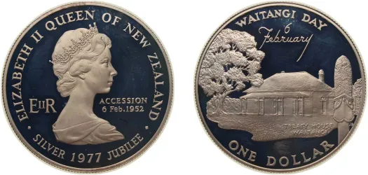 1977 1 Dollar - Elizabeth II (2nd Portrait; Waitangi Day, Silver