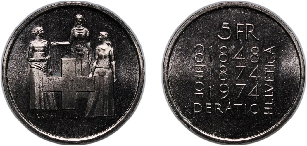 5 Francs (Revision of the Constitution) 1974 (UNC) - Bern Mint