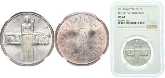 1963年スイス赤十字 5フラン銀貨 PCGS認証 5 Francs (Red Cross) 1963 B (NGC MS 64) - Switzerland | Coins NB