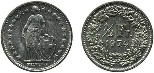 ½ Franc (Helvetia standing; copper-nickel) 1974 (BU) - Bern Mint