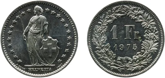 1 Franc (Helvetia standing; copper-nickel) 1975 (BU) - Bern Mint