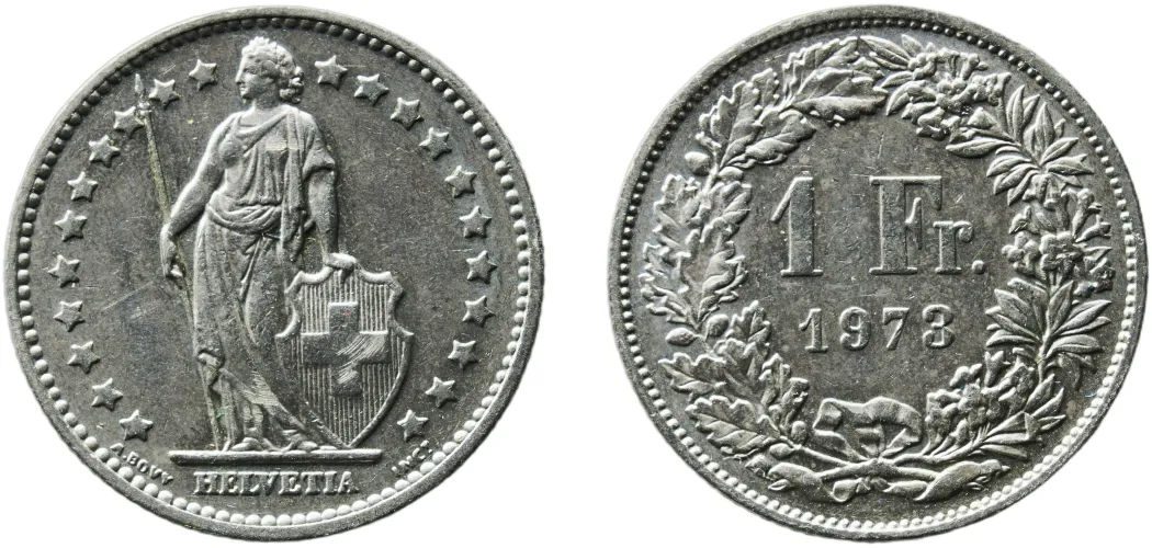 1 Franc (Helvetia standing; copper-nickel) 1973 (UNC) - Bern Mint