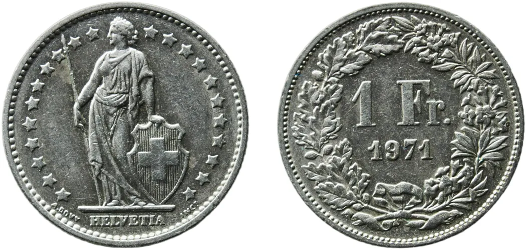 貨幣 スイス  1 Franc (Helvetia standing; copper-nickel) 1971 (UNC) - Bern Mint