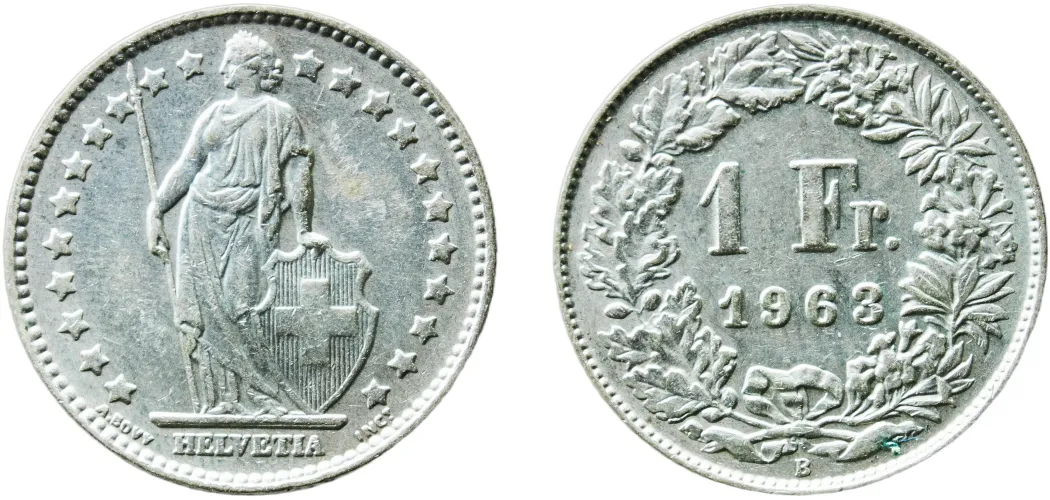 1 Franc (Helvetia standing; silver) 1963 B (UNC) - Bern Mint