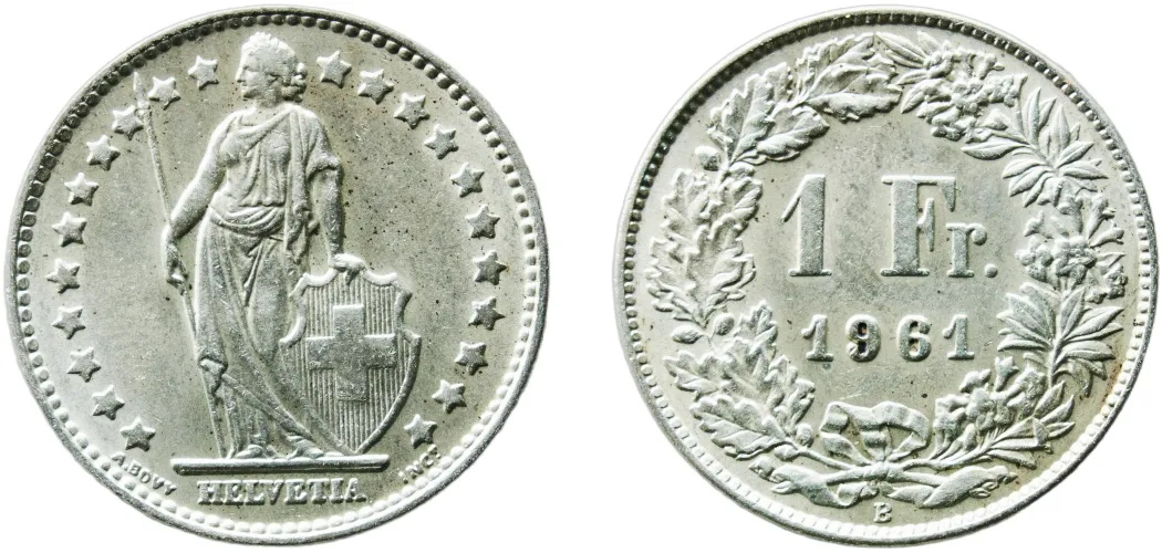 1 Franc (Helvetia standing; silver) 1961 B (UNC) - Bern Mint