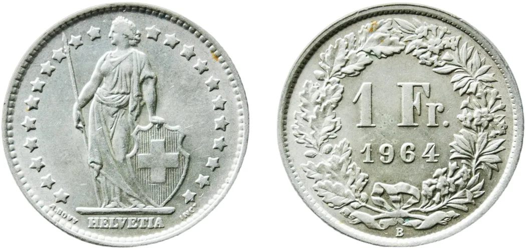 1 Franc (Helvetia standing; silver) 1964 B (UNC) - Bern Mint