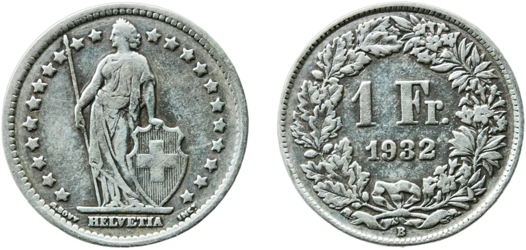 1 Franc (Helvetia standing; silver) 1932 B (XF) - Bern Mint