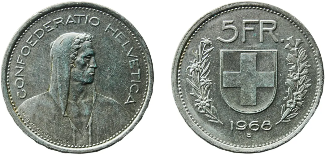 5 Francs (Herdsman; copper-nickel; embossed edge) 1968 B (UNC 