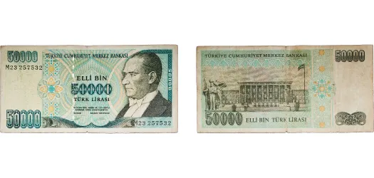 50 000 Lira (Black numeral) ND (1995-1999) (VF) - Turkey | Coins