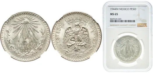 高鑑定　超レア1944年 メキシコ 1ペソ 銀貨 NGC MS 66 1 Peso 1944 M (NGC MS 65) - Mexico City Mint - Mexico | Coins NB